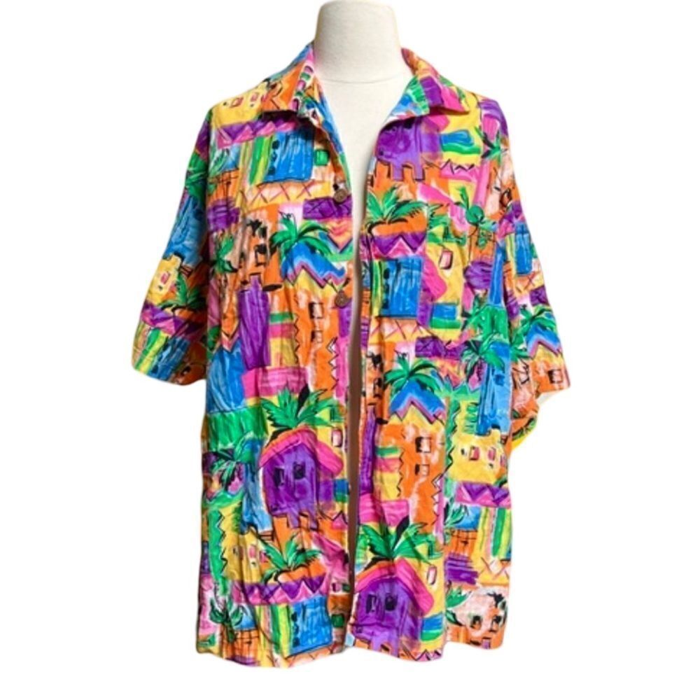 Men’s Vintage 80s 90s Tropical Neon Multicolor Vacation Cotton Button Down Shirt